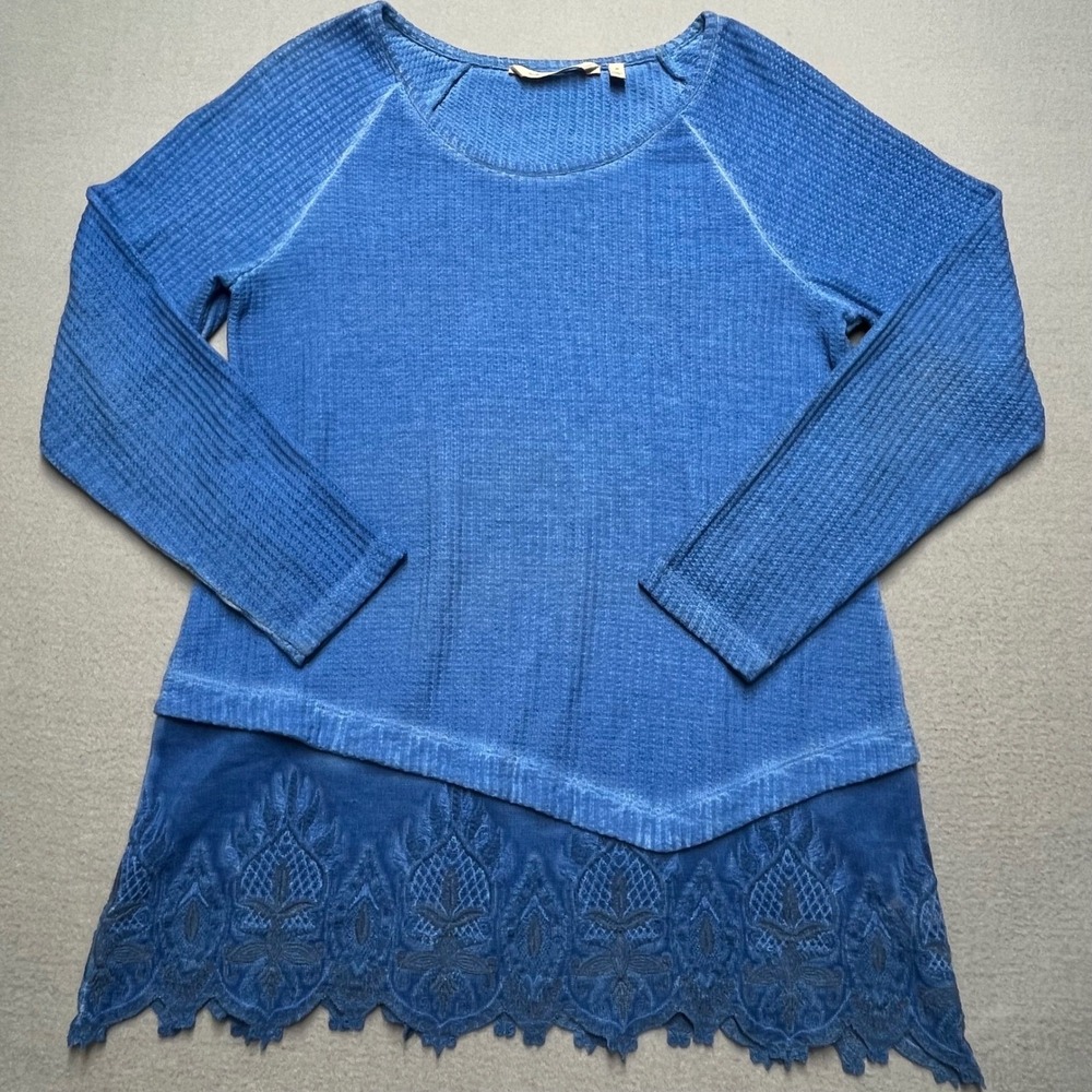Soft Surroundings Blue Waffle Knit Lace Trim Tunic Top Women's Size M